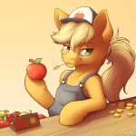  1:1 apple applejack_(mlp) blonde_hair clothing coin denim denim_clothing equid equine food friendship_is_magic fruit furniture green_eyes hair hasbro hat headgear headwear hi_res horse looking_at_viewer mammal my_little_pony ohemo overalls plant pony ponytail solo table wheat wheat_in_mouth 