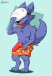  animal_genitalia animal_penis anthro blue_body bottomwear canid canine canine_penis canis clothing daison_the_fox genitals hi_res kedamono_(popee_the_performer) knot male mammal mask penis popee_the_performer presenting shorts solo tongue wolf 