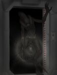  3:4 absurd_res airlock alien alien_(franchise) black_body bodily_fluids detailed_background digital_media_(artwork) female genital_fluids genitals hi_res inside leaning_on_wall looming pussy pussy_juice shaded smile solo xenomorph xenopera xenophilia 