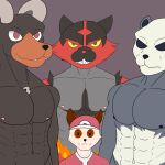  1:1 3loy abs absurd_res anthro black_body canid canine canis clothed clothing digital_media_(artwork) dobermann domestic_cat domestic_dog felid feline felis fur group hi_res horn houndoom incineroar looking_at_viewer male mammal muscular muscular_anthro muscular_male nintendo nipples nude pangoro pantherine pecs pinscher pok&eacute;mon pok&eacute;mon_(species) smile teeth trainer ursid video_games 