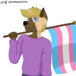  1:1 andromorph_(lore) anthro blonde_hair brown_body brown_fur brown_markings canid canine canis clothed clothing digital_drawing_(artwork) digital_media_(artwork) dipstick_ears domestic_dog flag fur german_shepherd hair herding_dog hi_res holding_flag holding_object hybrid jackson_(zer0rebel4) lgbt_pride lol_comments looking_at_viewer male mammal markings multicolored_ears pastoral_dog pride_colors purple_eyes solo sweater tan_body tan_fur topwear trans_(lore) trans_man_(lore) transgender_pride_colors wold zer0rebel4 