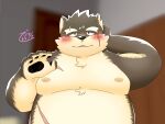  4:3 anthro belly blush canid canine canis domestic_dog embarrassed eyebrows hi_res male mammal marumaru_hh moobs moritaka nipples obese overweight pawpads scar shirtless solo thick_eyebrows tokyo_afterschool_summoners video_games 