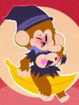  3:4 absurd_res alternate_costume banana blush bodily_fluids breasts brown_body brown_fur clothing female food fruit fur genital_fluids genitals grinding haplorhine headgear headwear hi_res humanoid maio mammal meemee monkey moon plant primate pussy pussy_juice sega solo super_monkey_ball torn_clothing 