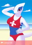  anthro beach blush clothed clothing commandg female legendary_pok&eacute;mon lifeguard looking_at_viewer lugia nintendo one-piece_swimsuit pok&eacute;mon pok&eacute;mon_(species) seaside solo swimwear video_games 