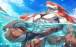  abs anthro biceps black_stripes claws clothing fin fish male marine muscular muscular_anthro muscular_male pecs rabbity red_body sea shark sky solo stripes swimwear teeth volker_(rabbity) water white_eyes 