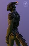  2021 3d_(artwork) anthro argonian bethesda_softworks derkeethus digital_media_(artwork) from_behind_(disambiguation) green_body green_scales horn looking_back male nude scales scalie simple_background solo sorok17 the_elder_scrolls thigh_up video_games white_eyes 