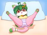  2021 absurd_res accessory anthro bed bell bell_collar blush bottomwear breasts butt camel_toe clothed clothing collar digital_media_(artwork) domestic_cat eyewear felid feline felis female fur furniture glasses green_body green_fur green_hair hair hair_accessory hand_on_butt hi_res holding_butt kemono long_hair looking_at_viewer mammal midori_(catwithbenefits) on_bed panties pattern_bottomwear pattern_clothing pattern_panties pattern_underwear paws pillow pink_body pink_fur presenting presenting_hindquarters pyritie red_eyes semi-anthro shirt small_breasts smile solo spreading striped_bottomwear striped_clothing striped_panties striped_underwear stripes tongue topwear underwear white_body white_fur 