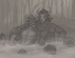  2021 4_ears 4_horns anthro arm_over_shoulder charr claws digital_media_(artwork) duo fangs felid finger_claws greyscale guild_wars horn hot_spring izrez looking_at_another looking_at_partner male male/male mammal monochrome multi_ear multi_horn muscular muscular_anthro muscular_male outside partially_submerged sitting video_games water 