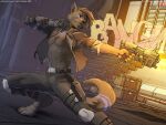  2021 4:3 anthro bottomwear canid canine canis city clothing container cyberpunk descriptive_noise digitigrade dual_wielding furaffinity gun holding_object holding_weapon jacket male mammal pants ranged_weapon solo stairs text topwear twinkle-sez url weapon wolf 