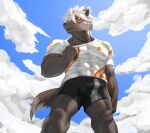 abs anthro black_body black_fur bottomwear bulge canid canine canis clothing detailed_bulge domestic_dog fur hair hi_res male mammal muscular muscular_anthro muscular_legs muscular_male pecs pitania4 scar shorts solo tadatomo tight_clothing tokyo_afterschool_summoners video_games white_hair 