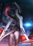  acrador anthro arm_blades assassin blade canid canine canis cassia_(siberia-gravity) clothing detailed_background female hair hi_res jackal long_hair mammal mindmachine patreon red_hair slim solo spikes standing 
