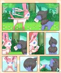  &lt;3 ? ambiguous_gender black_body black_fur blue_eyes blush canid canine comic deino duo eeveelution english_text feral forest forest_background fur hair_over_eyes i_love_you jirachicute28_(artist) letter mammal nature nature_background nintendo open_mouth plant pok&eacute;mon pok&eacute;mon_(species) sylveon text tree video_games white_body white_fur 
