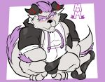  anthro behemoth_(housamo) blush bulge clothing dildo fur hair hi_res hoodie horn male monster muscular muscular_anthro muscular_male pecs purple_hair sex_toy solo speedo swimwear tokyo_afterschool_summoners topwear torquewintress video_games white_body white_fur 