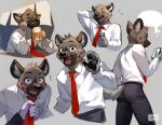  2021 aggressive_retsuko alcohol anthro beer beverage blush bodily_fluids bottomwear cellphone clothed clothing cup digital_media_(artwork) dress_shirt eyes_closed gesture grey_background haida holding_cup holding_object holding_phone hyaenid male mammal narrowed_eyes necktie necktie_grab open_mouth open_smile pants pawpads phone popodunk sanrio shirt signature simple_background smartphone smile solo spotted_hyena standing sweat sweatdrop topwear waving 