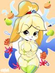  3:4 abstract_background animal_crossing anthro bedroom_eyes bell big_breasts bikini blush bracelet breasts canid canine canis cephei clothed clothing domestic_dog female hands_together hi_res huge_breasts isabelle_(animal_crossing) jewelry legwear looking_at_viewer mammal narrowed_eyes nintendo open_mouth seductive short_stack skimpy solo squish swimwear thick_thighs thigh_highs thigh_squish video_games wide_hips 