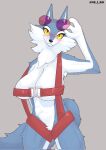  anthro belt_buckle big_breasts blue_body blue_fur blush breasts canid canine canis clothed clothing eyelashes eyewear female fur harness harness_only hi_res looking_at_viewer mammal multicolored_body multicolored_fur ne_i_ro porsche_(sing) smile solo sunglasses white_body white_fur wolf yellow_eyes 