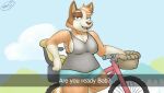  2021 anthro australian_cattle_dog basket bicycle bike_shorts blue_sky bluey_(series) bottomwear canid canine canis cattledog chilli_heeler clothed clothing cloud container curves digital_media_(artwork) dipstick_limbs domestic_dog english_text espent female fence flirting fur head_tuft herding_dog hi_res hillside mammal multicolored_body pastoral_dog shirt shorts sky slightly_chubby solo tank_top text thick_thighs topwear tuft wide_hips widescreen 