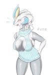  absurd_res anthro asymmetry blue_clothing blush breasts clothing dragon fan_character female fur grey_body grey_skin hair hi_res ice kyurem legendary_pok&eacute;mon long_neck looking_at_viewer nintendo nipple_outline nipple_slip non-mammal_breasts open_mouth pok&eacute;mon pok&eacute;mon_(species) shirokyure_(watte) simple_background solo video_games watte white_hair white_kyurem yellow_eyes 