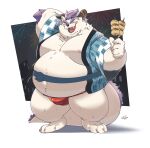  anthro asian_clothing behemoth_(housamo) belly blush clothing east_asian_clothing food fundoshi fur hair happi_(clothing) hi_res horn japanese_clothing male monster moobs nipples overweight overweight_male purple_hair riisago skewer solo tokyo_afterschool_summoners underwear video_games white_body white_fur 