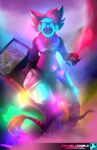 absurd_res aitex_k2 anthro avilay_conely blue_eyes female fur glowing hi_res light long_tail machine protogen riot shield smoke solo 