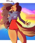  5:6 anthro canid canine canis cherryfox domestic_dog female hair hair_brown hi_res long_hair mammal mature_female open_mouth solo song thick_thighs 