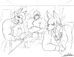  angry canid emilitia female group jojo_pose male mammal meme monochrome 