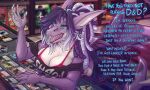 2021 absurd_res anthro big_breasts bottomwear breasts card cleavage clothed clothing detailed_background dialogue dimwitdog dreadlocks english_text facial_piercing female fish furniture gesture green_eyes hair hasbro hi_res inside magic:_the_gathering marine nose_piercing piercing purple_body purple_skin shark skirt solo store text white_hair wizards_of_the_coast 