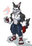  2021 abs anthro biceps blue_eyes bottomwear canid canine canis chest_tattoo clothing dark-dusk eyewear fingerless_gloves footwear fur glasses gloves handwear hi_res male mammal muscular muscular_anthro muscular_male simple_background solo tattoo 