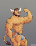  2020 5_fingers abs anthro beard big_muscles bovid bovine brown_body brown_fur brown_hair bulge cattle clothed clothing crumble_(character) eyebrows facial_hair fingers flexing fur green_eyes grin hair hi_res horn howeed humanoid_hands jockstrap looking_at_viewer male mammal muscular muscular_anthro muscular_male nipple_piercing nipple_ring nipples piercing pink_nipples pink_nose simple_background smile solo standing thick_eyebrows topless underwear underwear_only white_horn 