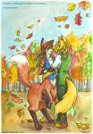  2002 anthro autumn blonde_hair bottomless breasts brown_hair canid canid_taur canine canine_taur canis chiratani cleavage clothed clothing dipstick_tail duo english_text female forest fox fox_taur fur gloves_(marking) hair lamsain leg_markings male male/female mammal mammal_taur markings multicolored_tail orange_body orange_fur plant socks_(marking) tabris tabris_(artist) taur text topwear tree vest wolf yellow_body yellow_fur 