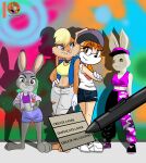  absurd_res anthro beastars black_nose blonde_hair bottomwear breaking_the_fourth_wall breasts brown_body brown_fur clothed clothing disney english_text female footwear fur gloves grey_body grey_fur group hair handwear haru_(beastars) hat headgear headwear hi_res hip_hop jewelry judy_hopps lagomorph leporid lola_bunny looking_back looney_tunes mammal midriff moon_pearl necklace orange_hair pink_nose pinup pose rabbit sega shirt shoes shorts sonic_the_hedgehog_(series) succubi_samus tank_top text topwear torn_clothing vanilla_the_rabbit warner_brothers white_body white_fur zootopia 