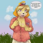  1:1 animal_crossing anthro breasts canid canine canis clothed clothing curvaceous curvy_figure domestic_dog english_text espent female heat_(disambiguation) hi_res isabelle_(animal_crossing) mammal nintendo partially_clothed slightly_chubby solo text video_games voluptuous wide_hips 