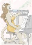  anthro breasts brown_hair clothed clothing cougar dipstick_tail dress felid feline female fur hair herm_(lore) keyboard_instrument lyle_catamount mammal multicolored_tail musical_instrument musical_note open_mouth piano sethtriggs solo yellow_eyes 
