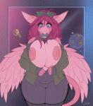  ami_(character) anthro areola avian beak big_breasts bodily_fluids breasts conditional_dnp curvy_figure feathers female gryphon hair hi_res huge_breasts mythological_avian mythology nipples non-mammal_breasts pink_body pink_feathers pink_hair solo sweat thick_thighs voluptuous wide_hips wyntersun 