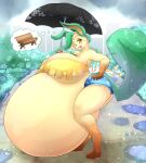  anthro barefoot belly big_belly big_breasts bottomwear breasts clothing eeveelution feet female fiora hand_on_hip hi_res hotpants huge_breasts hyper hyper_pregnancy leafeon leonkatlovre nintendo pok&eacute;mon pok&eacute;mon_(species) pregnant raining shorts solo thought_bubble umbrella under_boob video_games 