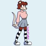  1:1 anthro biped blue_background bottomwear brown_body brown_eyes brown_fur buckteeth clothed clothing crop_sweater crop_top digital_media_(artwork) eyelashes female footwear fully_clothed fur grey_bottomwear grey_clothing grey_footwear grey_skirt heather_(lackofcomfort) lackofcomfort legwear long_tail mammal mouse multicolored_body multicolored_fur murid murine pattern_clothing pink_clothing pink_nose pink_sweater pink_topwear pose raised_heel rodent shirt shoes signature simple_background skirt solo squish standing striped_clothing stripes sweater tan_body tan_fur teeth text thigh_highs thigh_squish topwear trans_(lore) trans_woman_(lore) whiskers 