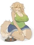  2021 3:4 anthro baburusushi belly beverage big_breasts bodily_fluids bottomwear breasts brown_body brown_fur brown_tail canid canine canis chubby_female cleavage clothed clothing compression_artifacts cutoffs denim denim_clothing digital_media_(artwork) domestic_dog ears_down eyebrow_through_hair eyebrows eyes_closed female fist fur glass green_clothing green_shirt green_topwear hair hair_between_eyes hand_on_leg hand_on_thigh happy kemono kneeling mammal messy_tail open_mouth pivoted_ears pudgy_belly shaded shirt shorts smile sweat sweatdrop thick_thighs topwear translucent translucent_hair 
