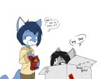  2018 anthro black_hair blue_body blue_eyes blue_fur blue_hair box canid canine canis clothing container dialogue digital_media_(artwork) domestic_cat domestic_dog doritos duo english_text eyelashes faith_(icirculate-sound) felid feline felis female frito-lay fur grey_body grey_fur hair hoodie husky mammal multicolored_body multicolored_fur nordic_sled_dog sandwich-anomaly simple_background simple_eyes spitz standing teeth text topwear vanessa_(sandwich-anomaly) white_background white_body white_fur 