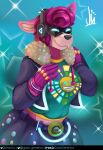  alpaca anthro belly big_breasts bottomwear breasts camelid clothing dj_bop epic_games eyewear female fortnite gatogenerico gloves goggles handwear hi_res jacket mammal pink_body shirt simple_background skirt slightly_chubby solo topwear video_games wide_hips 