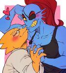  &lt;3 2021 alphys animal_humanoid anthro athletic athletic_female athletic_humanoid blue_body blush border bottomwear clothed clothing coat duo eye_patch eyelashes eyeshadow eyewear female female/female fish fish_humanoid flexing frill_(anatomy) glasses hair hand_holding hi_res humanoid humanoid_hands humanoid_on_anthro kissing lizard looking_at_viewer makeup marine marine_humanoid nails narrowed_eyes pants pink_background ponytail red_hair reptile romantic romantic_couple scalie sharp_teeth shirt simple_background smile tank_top teeth topwear undertale undyne video_games white_border yellow_body yellow_sclera yellow_teeth yuzuki_fang111 