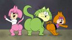  16:9 2021 anonymous_artist anthro big_butt bottomless brain_(top_cat) butt butt_size_difference choo-choo_(top_cat) clothed clothing domestic_cat felid feline felis female fur green_body green_fur group hanna-barbera jellystone_(hbo_max) mammal on_model orange_body orange_fur pink_body pink_fur rear_view spook_(top_cat) top_cat_(series) trio twerking widescreen 