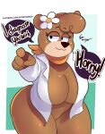  2021 anthro big_breasts bottomless breasts cindy_bear cleavage clothed clothing coat dialogue english_text female gesture half-closed_eyes hanna-barbera hi_res jellystone_(hbo_max) lab_coat mammal narrowed_eyes open_clothing open_coat open_topwear pointing pointing_at_viewer portrait rizkitsuneki solo talking_to_viewer text three-quarter_portrait topwear ursid wide_hips yogi_bear 