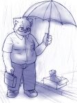  2020 5gomashio anthro belly bottomwear clothing domestic_cat duo eyewear felid feline felis feral glasses hi_res humanoid_hands kemono male mammal outside overweight overweight_male pants raining shirt topwear umbrella 