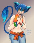  anime_eyes black_quirin blue_ears blue_hair bracelet clothed clothing digital_media_(artwork) female fully_clothed hair half-length_portrait humanoid jewelry long_tail looking_at_viewer portrait smile smiling_at_viewer smirk solo standing 