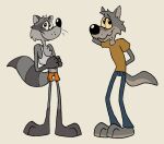  anthro bottomwear canid canine canis chest_tuft clothing crop_top denim denim_clothing doodledoggy duo hotpants jeans looking_away male mammal orf orf_(character) pants procyonid raccoon sam_(orf) shirt shorts shy simple_background t-shirt toonkind topwear tuft wolf 