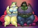  anthro areola areola_slip arkveveen_(character) belly big_belly big_breasts biped black_hair blonde_hair bottomwear bracelet breast_size_difference breasts canid canine canis cleavage clothed clothing collar controller deep_navel dingo dragon duo english_text female fully_clothed fur furniture game_controller green_areola green_eyes green_highlights grin hair happy_dingo_(character) highlights_(coloring) holding_controller holding_game_controller holding_object horn huge_breasts jewelry mammal midriff monotone_areola navel nipple_outline nonbinary_(lore) obese obese_anthro obese_female open_mouth overweight overweight_anthro overweight_female sharp_teeth shorts sitting smile sofa teeth text thick_thighs vdisco wide_hips yellow_body yellow_fur 