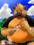  2021 5gomashio anthro belly black_nose blush bottomwear brown_body brown_fur clothing food fur hi_res humanoid_hands hyaenid kemono male mammal outside overweight overweight_male shirt shorts sitting solo topwear 