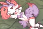  &lt;3 2021 absurd_res anthro areola blush bow_tie braixen breasts bunny_costume clothed clothing costume cuff_links cuffs_(clothing) cute_fangs dated digital_media_(artwork) female footwear fur hand_behind_head hi_res inner_ear_fluff legwear leotard looking_at_viewer lying navel nintendo nipples on_side open_mouth partially_clothed pok&eacute;mon pok&eacute;mon_(species) purple_body purple_fur red_eyes shaded shiny_pok&eacute;mon shirt_collar shirt_cuffs shoes signature solo thigh_highs tight_clothing tongue tuft video_games white_body white_fur zinfyu 