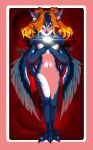  absurd_res anthro avian bird blonde_hair blue_body breasts crossed_arms devilbeing_(artist) featureless_breasts featureless_crotch female fur hair hi_res nude owl paws solo talons 