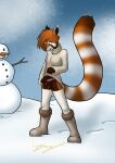  ailurid anthro big_tail black_nose bodily_fluids carrot clothed clothing clothing_aside cursive danaume digital_media_(artwork) eyebrows female food footwear genital_fluids genitals hi_res legwear lifted_clothing looking_down mammal markings outside panties panties_aside partially_clothed peeing plant pussy red_panda shaded snow snowman solo standing stick stockings sweater tail_markings tomboy tongue tongue_out topwear turtleneck_sweater underwear underwear_aside urine urine_stream vegetable watersports winter writing_text yellow_snow 